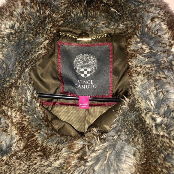 Vince Camuto brown/olive puffer jacket with faux fur collar, small - Picture 2 of 6